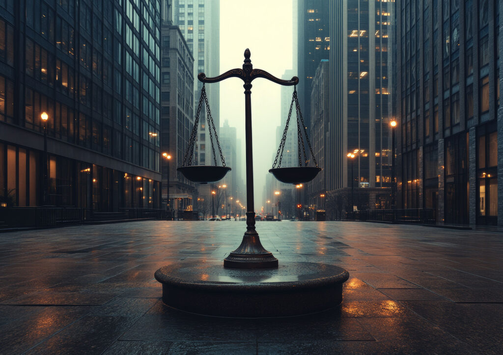 real estate litigation concept with scales of justice on city street